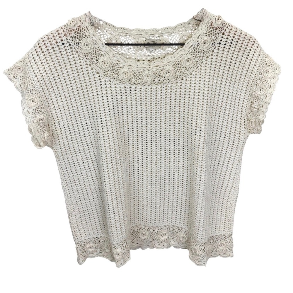 VTG Tramo Switzerland Crochet Floral Rosette Top Cream Women Size L Cottage